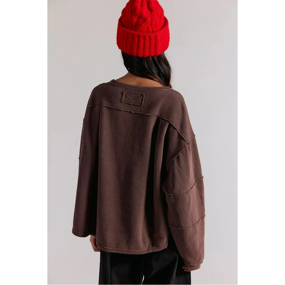 Free People We The Free Total Eclipse Long Sleeve Oversized Pullover Tee Brown - Picture 2 of 11